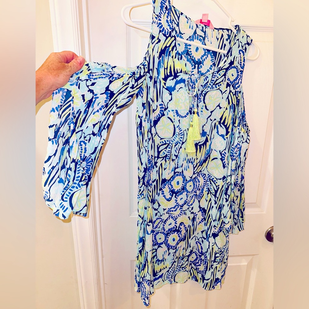 Lilly Pulitzer green blue ruffle dress with flutter sleeves XS